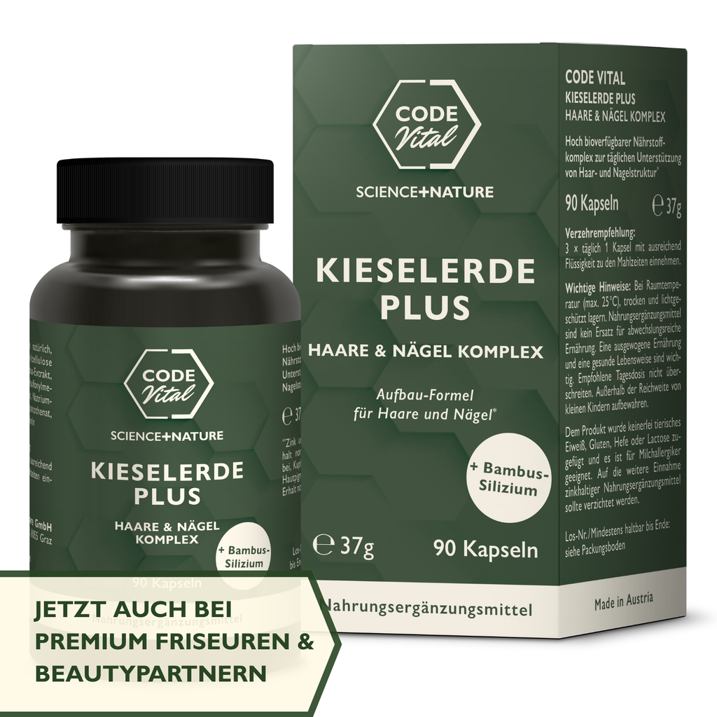 Kieselerde Plus – Haare & Nägel Komplex. Premium Aufbaustoffe für Haarwachstum & Nägelstärkung. Clean. Vegan.